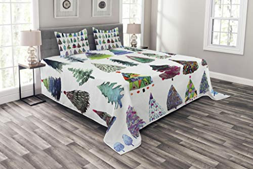 ABAKUHAUS Weihnachten Tagesdecke Set, Aquarell Tannenbaum, Set mit Kissenbezügen Mit Digitaldruck, für Doppelbetten 220 x 220 cm,Grün Weiß
