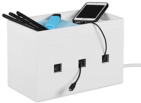 Relaxdays Kabelbox Bambus, Steckdosenleiste & Kabel verstecken, Kabelmanagement Schreibtisch, HBT 16,5x25,5x14cm, weiß