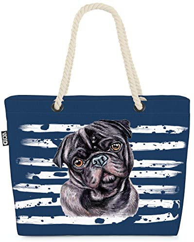 VOID XXL Strandtasche Mops Shopper Tasche 58x38x16cm 23L Beach Bag schwarz, Kissen Farbe:Blau