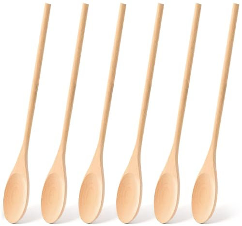 HANSGO Long Handle Wooden Cooking Mixing Oval Spoons, 6PCS 12 Inch Long Wooden Spoons Wooden Tasting Spoons Large Cooking Spoons