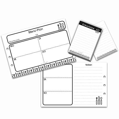 SinnWunder® 30 Blatt Premium Menü-Planer, Essens-Plan - Mit Einkaufs-Block, Einkaufs-Liste und Lieblingsgerichten - Für 6-Ring Planer Größe Din A5 (14,8 x 10 cm)