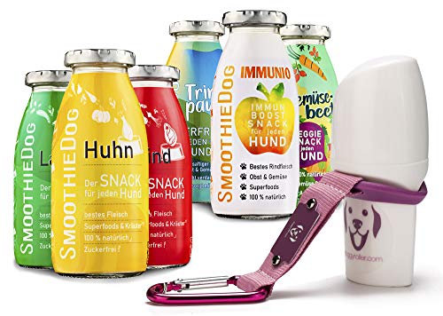 SmoothieDog Hundesmoothie 6er Mix + Doggyroller m. Halter, Karabiner Rosa - je 1x: Huhn, Rind, Lamm, Ente, Immunio, Veggie - Flüssiges Hundeleckerli - Zucker- & glutenfrei - Zubehör Hund - je 250ml