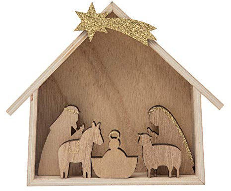Creative Co-Op 14 cm L x 3,8 cm B x 12,7 cm H Holzkrippe, Natur und Gold, 6 Stück Figuren, Holz, Mehrfarbig, 6