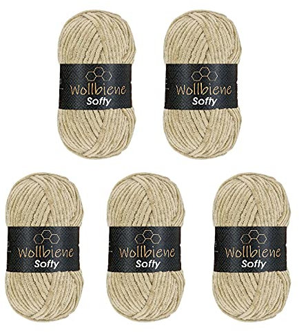 Wollbiene Softy 5 x 100 Gramm chenille wolle zum häkeln Strickwolle, Babywolle, 500 Gramm Chenille Wolle Super Bulky crochet yarn (beige 05)