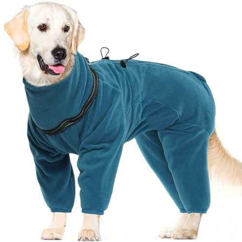 OUOBOB Large Dog Winter Coat, Windproof Polar Fleece Jacket, Pet Cold Weather Vest, Pullover Fleece Pajamas Jumpsuit Onesie, Dog Sweater 4 Legs with Harness Built in Green XL
