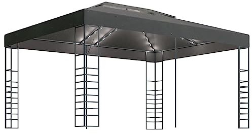 vidaXL Cenador con Tira de Luces Pérgola Lateral Jardín Patio Toldo Sombrilla Parasol Tienda Carpa Marquesina Desmontable Gris Antracita 3x4 m