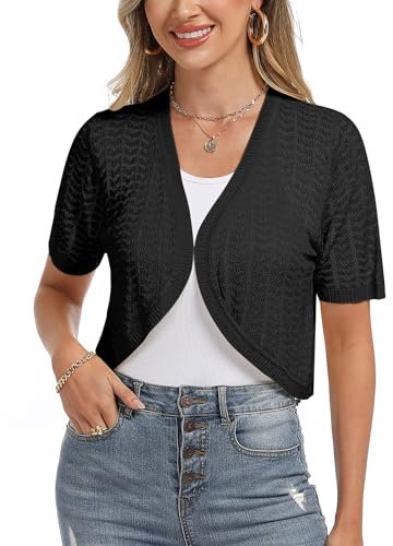 Totatuit Boléro Femme Chic Tricot Gilet Bolero Cardigan Veste Élégant Gilets Court Mousseline Manche Maille Vintage Tops Noir L