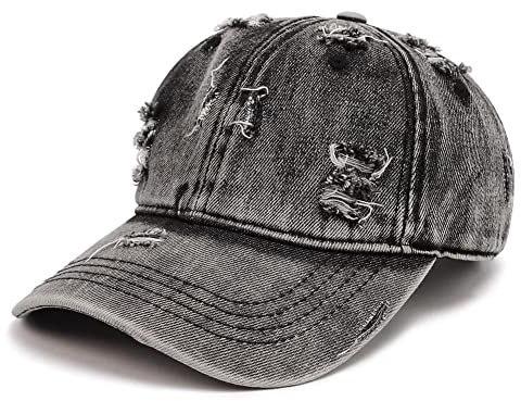 Distressed Baseball Cap Vintage Washed Denim Dad Hat Adjustable Polo Trucker Unisex Style Headwear, Schwarz , One size