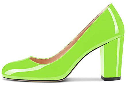 Aachcol Mujer Pumps Chunky Ancho Alto High Heel Cerrado el Dedo del pie Redonda Punta Slip-on Zapatos 8 CM Verde Lima Charol 42 EU