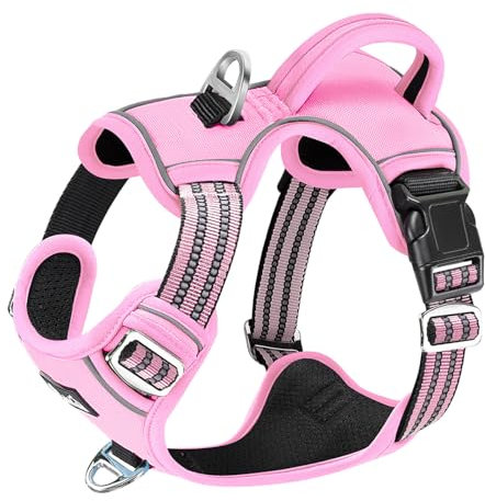 Eyein Hundegeschirr für Große Hunde, Anti Zug Brustgeschirr mit 2 Leinenclips und leicht zu bedienendem Griff, Verstellbare und reflektierende Gepolstert Geschirr für tägliches Training (Rosa, L)
