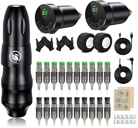 LIUMATE Tattoo Maschine Set Rotary Pen Kit with 2 Wireless Battery Tattoo Power Supply 20 Nadelkartuschen Komplettes Tattoo Set für Anfänger und Tätowierer