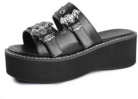 Schwarze Keilabsatz, Plateau-Sommer-Sandalen, Gothic-Fledermaus-Deko, offene Zehen-Hausschuhe, Metall-Schädel, Nieten, Schnallen, Slides für Damen, Größe 36-42