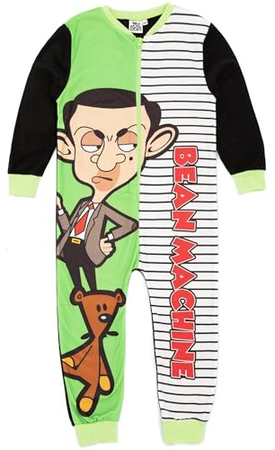 Mr Bean Boys Onesie in Green | Kids All In One Fleece Jumpsuit Loungewear Pyjamas | Funny TV Series Cartoon Sketch Jumpsuit Romper | Bean & Teddy Bodysuit PJs Merchandise Gift for Children