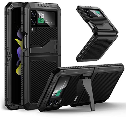 seacosmo Coque pour Samsung Z Flip 4 Métal, Étui Galaxy Z Flip4 avec Support, Housse Robuste Protection Antichoc Anti-Rayures Qualité Militaire Coque pour Samsung Galaxy Z Flip 4 - Noir