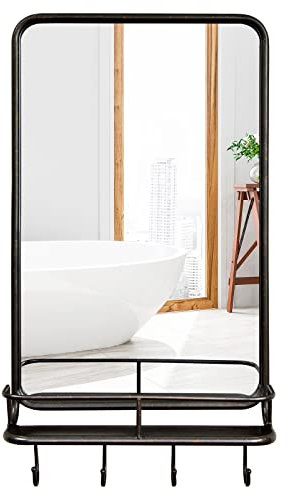 RELAX4LIFE Wall-Mounted Mirror, 84 x 48cm Rectangular Bathroom Mirror with Shelf & 4 Hooks, Hanging Vanity Makeup Mirror for Bathroom Dressing Room Hallway Living Room