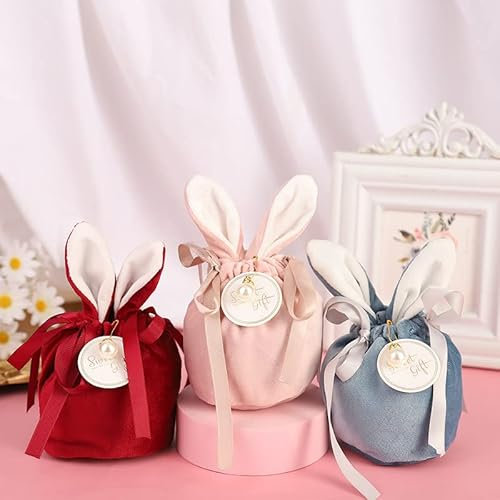 101DIYStudio 3er Set Geschenkverpackung Ostern mit süßen Ohren und Schleifen, Schöner Geschenkbeutel für Ostern, Geburtstag & Hochzeit