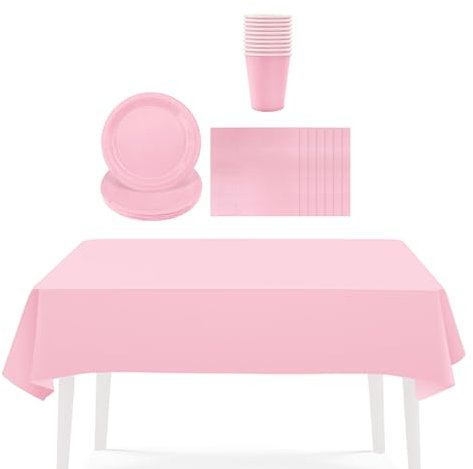 Aisszhao Solid Color Pink Tableware Set Decor,20 Paper Napkins 16 Cups Plates in Pink,1P Large Plastic Tablecloth Disposable Birthday Decorations for Him,Her, Men,Women,Adults Party,Kids Party
