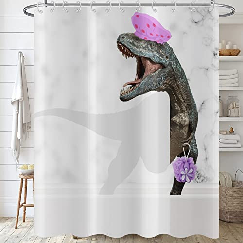 Hnmdmyi Duschvorhang Lustiger Dinosaurier 180x180, Grau und Weiß Marmor Duschvorhänge Niedlicher Badender Dino Raptor Kinder Kreative Moderne Badewanne Vorhang Wasserdicht Stoff Waschbar Badevorhang