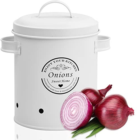 Fangehong 1 Pack Potato, Onion & Garlic Kitchen Storage Canisters, Vintage Vegetable Storage Tins with Lid, Metal Food Canister with Aerating Holes, Farmhouse Counter Pot (Onion White)