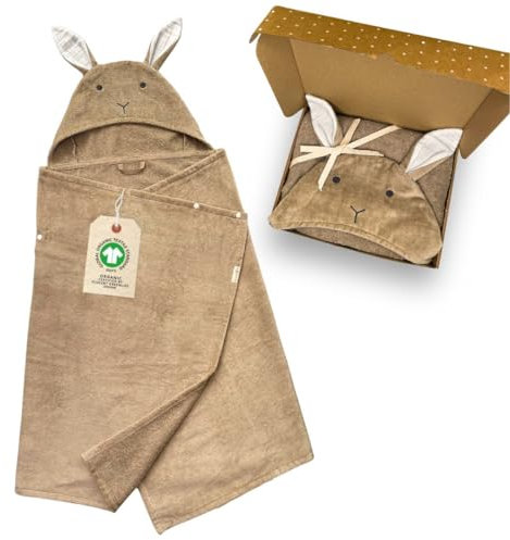 DIKOS® Kapuzenhandtuch Badeponcho Baby Kinder beige braun | 70x140cm | 2-in-1 Poncho Handtuch Badetuch Babyhandtuch mit Druckknöpfen und Hasen-Kapuze mitwachsend | 100% Bio-Baumwolle Frottee/Velours