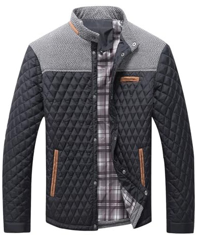 Lidssacde Trachtenjacke Herren Trend Persönlichkeit Kleidung Stehkragen Schlanker Wintermantel Lässig Verdickung Warme Jacke Karierte Patchwork Baumwolle Gepolsterte Winterjacken (Schwarz, 3XL)