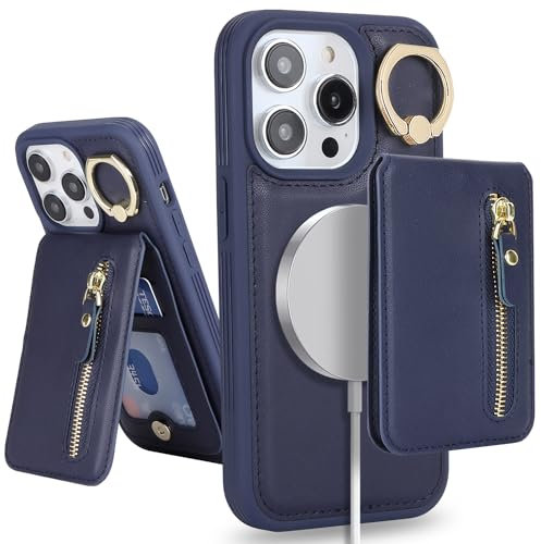 SailorTech iPhone 13 Pro Max Phone Leather Case with Credit Card Holder Magsafe, iPhone 13 Pro Max Case Ring Stand with Kickstand Card Slots Wallet Detachable 2-in-1 Zipper Case - Navy Blue