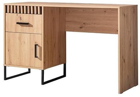 MINIO go for it - Schreibtisch Melle, 135x83x50 cm, Großer Bürotisch, 1 Tür und 1 Schublade, Metallfüße, Metallgriffe, Dekorpaneel mit oder ohne Lamellen, Ideale für Büro - Artisan Eiche/Schwarz Matt
