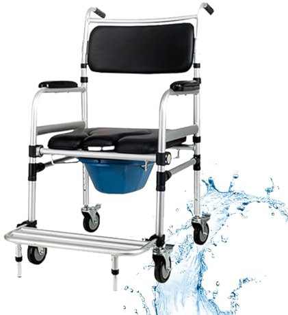 Height-Adjustable Commode Chair,Commode Chair on Wheels,Portable Home Mobile Toilet Showe Bath Chair,Bedside Toilet Chair with Wheels and Padded Seat for Elderly Pregnant Disabled