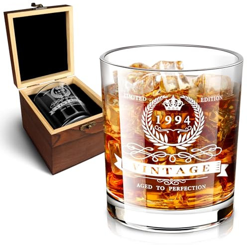 30th Birthday Gifts for Men, 1994 Whiskey Glass in Valued Wooden Box, Vintage Anniversary Etched 12oz Whiskey Rocks Glass, 30th Birthday Decorations for Men