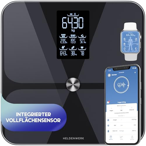 HELDENWERK Personenwaage Körperfettwaage, Waage Personen mit App & Vollflächensensor 180 kg/400 lbs, Körperwaage Digital, Bluetooth Körperanalysewaage für Körperfett, BMI, Muskelmasse, Protein, BMR