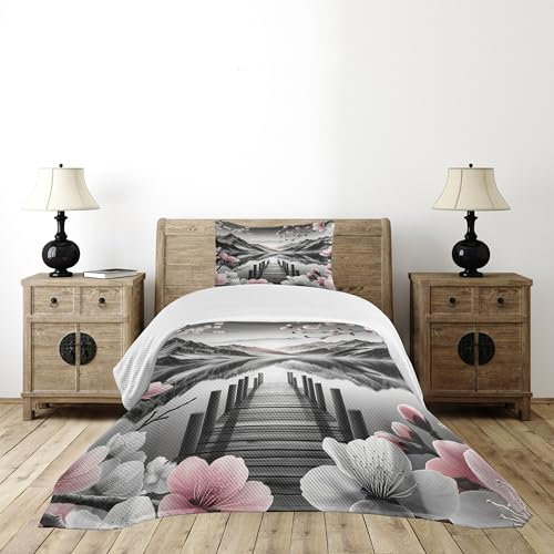 ABAKUHAUS See Tagesdecke Set, Kirschblüten und Berge, Gestepptes 2-teiliges Bettdecken-Set mit 1 Kissenbezug, für Einselbetten 170 x 220 cm, Grau Schamesröte