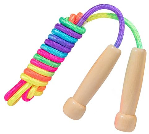 JurciCat Corda per saltare bambini professionale Colori dell'arcobaleno Con manico in legno naturale Lunghezza regolabile 2.8M per bambini e ragazze e adulti Corda per saltare o regalo.