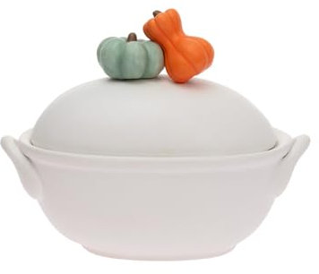 Boston International Porcelain Casserole Dish with Lid Fall Autumn Thanksgiving Deep Serving Dishes, Small, White with Pumpkin Accent
