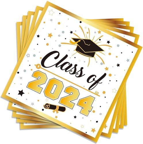 POPOYU 20 Stk Servietten für Abschlussfeiern 2024, 33 x33cm Servietten Abschluss Abitur Graduation Deko, Schwarz und Glod Papierservietten Partygeschirr Tischdeko, Abschlussfeier Party Dekorations