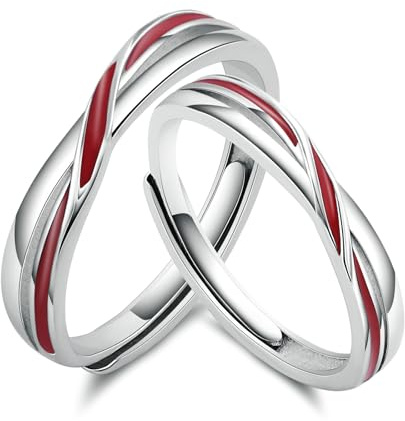 BCughia Trauringe Paar Ringe, 925 Sterling Silber Offen Verstellbar Partnerringe mit Rote Linie Verlobungsring Hochzeitsring Band Ring