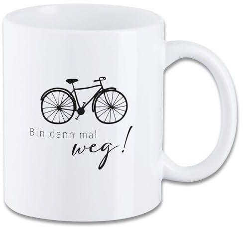 Tasse mit Spruch ″Bin dann mal weg! - Radfahren″ Motiv T25 Keramik Geschenk Geburtstag Spruchtasse Motivtasse Radsport Fahrrad Radfahren 330 ml
