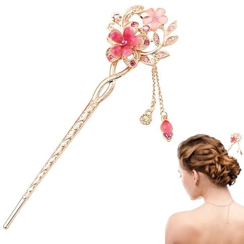 Baguettes à cheveux vintage avec fleurs opales - Décoration chinoise - Ancienne pince à cheveux Barrette à cheveux rétro pour femme et fille-（rouge)