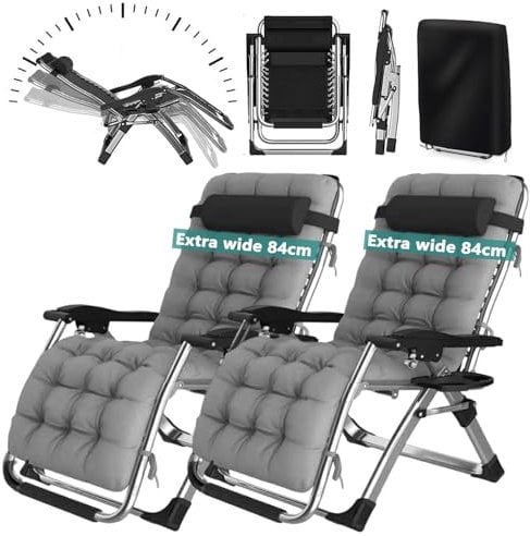 YOIZO Liegestuhl Klappbar 77cm Relaxsessel Garten mit Kissen, Einstellbar Sonnenstuhl für Patio Garten Strand Pool, Klappliegestuhl Liegestuhl mit Kopfkissen 240kg (2-Gray)