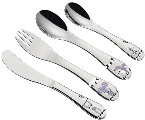 cilio Kinderbesteck PARTY | 4-teilig | Rostfreier Edelstahl | Ergonomische Form | Kindermesser 21 cm, Kindergabel 21 cm, Kinderlöffel 20 cm, kleiner Löffel 17 cm | Tiermotive eingraviert