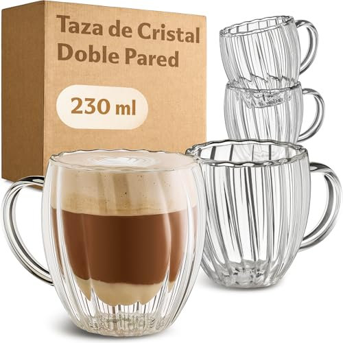 Cosumy Doppelwandige Cappuccino Gläser 230ml - 4er Set mit Henkel - Elegantes Riffel-Design - Kristallklare Thermogläser Spülmaschinenfest