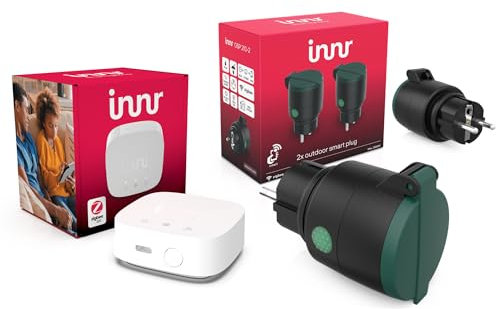 Innr Zigbee Outdoor Smart Plug Set, 2 Outdoor Steckdosen, Zigbee Bridge, App-Steuerung, Automatisierung der Gartenbeleuchtung, kompatibel mit Amazon Alexa Bullets: