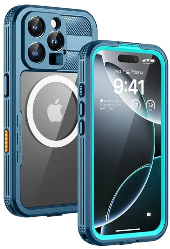 Lanhiem for iPhone 16 Pro Max Waterproof Case, [Compatible with MagSafe] Heavy Duty Shockproof Cover with Built in Screen Protector, Protective Magnetic Phone Case for iPhone 16 Pro Max (Blue)