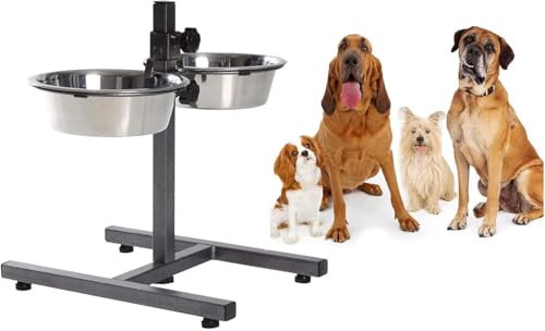 Unibos | Adjustable Raised Pet Bowls | For Dogs & Cats | Double Bowl Stand | Adjustable Iron Stand H-Base | 2 Stainless Steel Bowls| Food & Water Feeder| Anti Slip