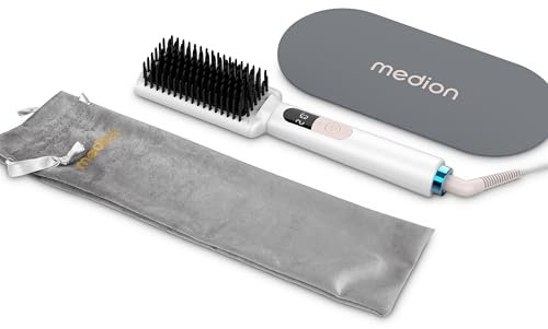 MEDION Glättbürste HB1 (Glätteisen & Haarbürste, Haarglätter mit Ionen-Technologie, 5 regelbare Hitzestufen, 165°-210°. Ideal kombinierbar mit unser Haartrockner) Föhnbürste in weiß