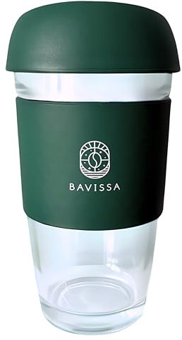 BAVISSA Reusable Glass Coffee Cup/Travel Mug with Lid - Heat Resistant Silicone Sleeve Surround Eco Friendly with Removable Lid 500ML BPA Free (Dark Green)