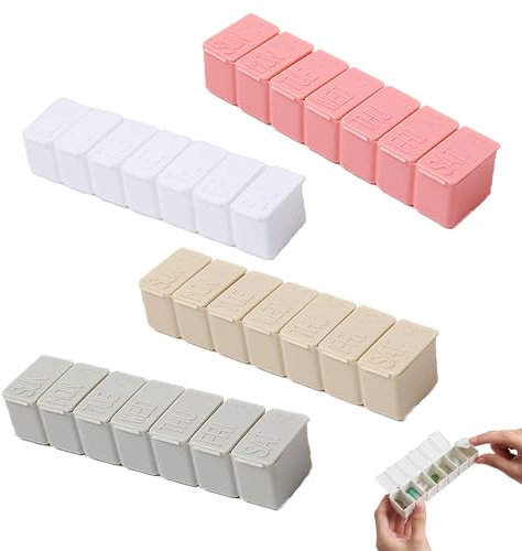 4PCS Weekly Pill Box 7 Day, Pill Box Small 7 Day, Pill Dispenser 7 Day, Vitamin Box, Portable Pill Case, for Tablet Organiser Vitamins Supplements Medicine (Pink+Grey+Beige+Apricot)