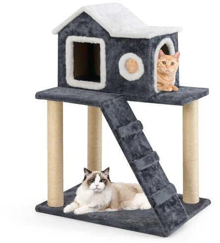 SOARS Kratzbaum mit Katzenhaus, Leiter, Höhle, Sisalstämmen, Katzenbaum 90cm hoch, Kletterbaum Katzenmöbel Katzenkratzbaum für Katzen, Grau