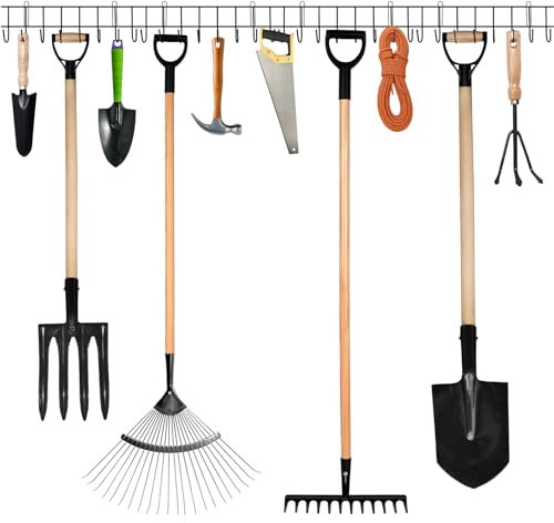 BONAVCY Garden Tool Rack for Shed, Wall Mounted Garden Tool Organizer Holder with 32 Hooks for Garden Shed Yard Garage, 160cm