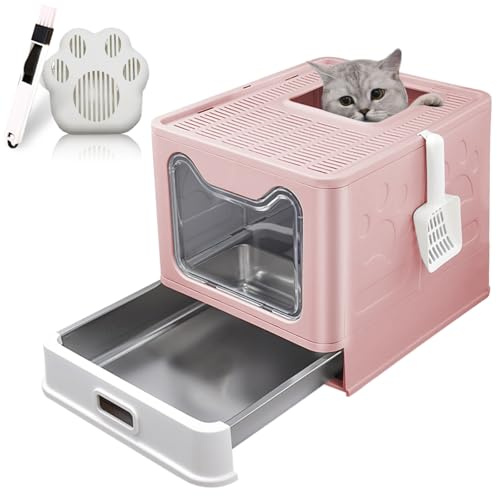 LEEJARD Katzenklo mit Deckel, ausziehbares Edelstahl Tablett und Katzenklo Schaufel, hop in Katzenklo XXL Katzentoilette geschlossen geräumig katzenklo groß. Pink