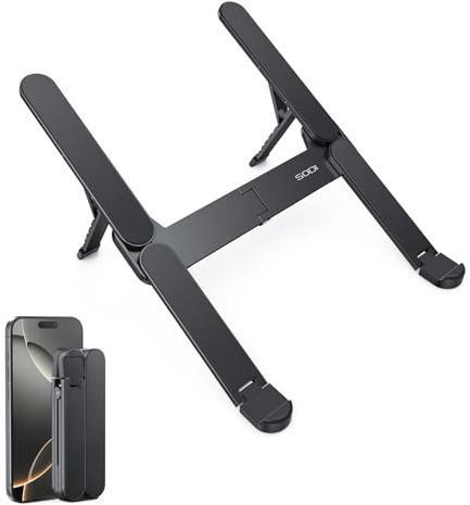 SODI Supporto PC Portatile, Porta Pc Portatile Pieghevole in Alluminio, 6 Livelli Regolabili, Tascabile, Robusto, Compatibile con MacBook Pro, Air, HP, Sony, Dell, Altri 10-16,Nero